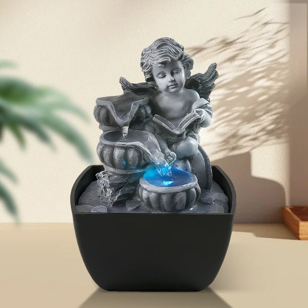 Cherub Fairy-Themed Gray Resin Water Fountain Hand-painted Decorative Art Statue LED Light Feng Shui Indoor Home Decor Model