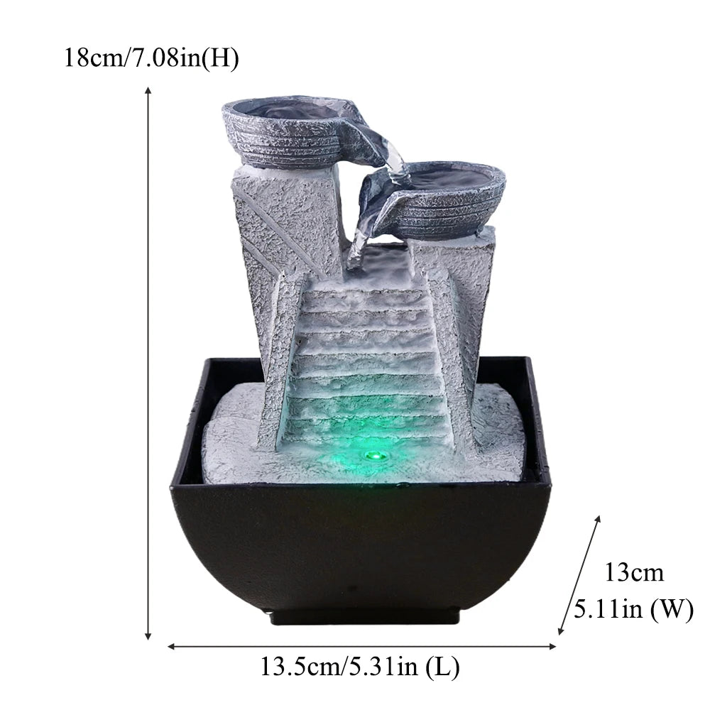 US Stock 18cm Resin Tabletop Fountain with Two - Jar and Stair Design, LED Light Included - Ideal for Home Decor Enthusiasts