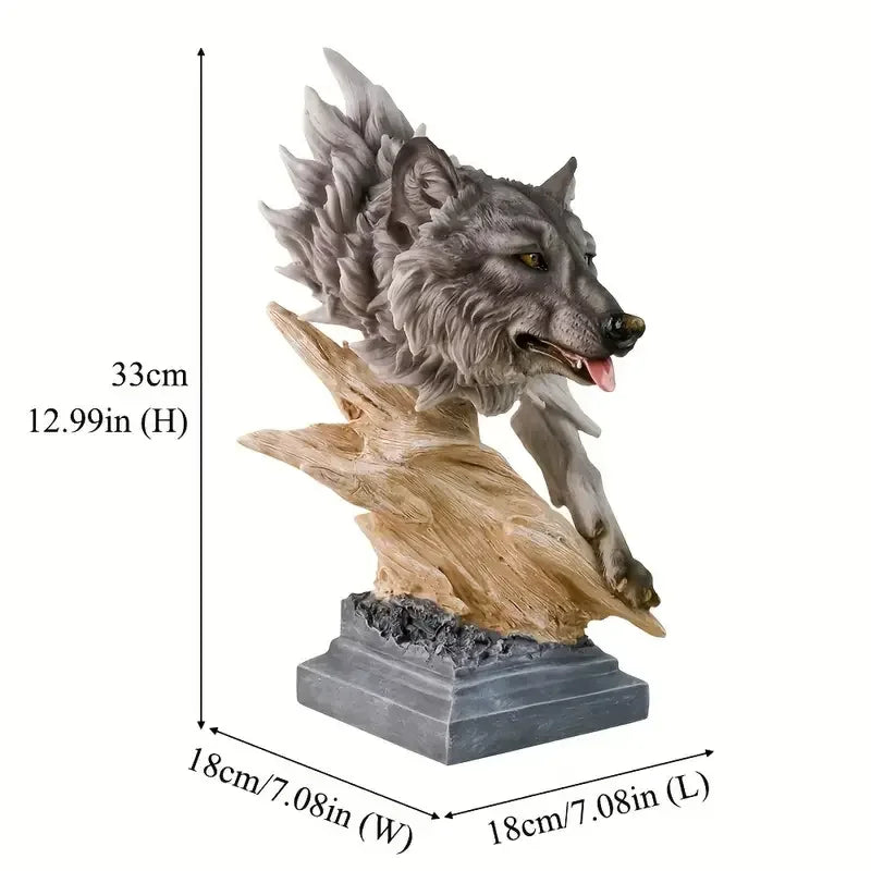 Wolf-Themed Hand-painted Resin Crafts Statue Artistic Decor Wood-Like Stone Base Detail Indoor Display Business Gift Art