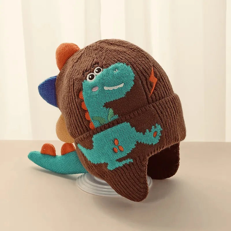 Winter Kid Warm Hat Windproof Thickened Knitted Ear Protection Hooded Hat Outdoor Coldproof Thermal Dinosaur Earmuffs Cap