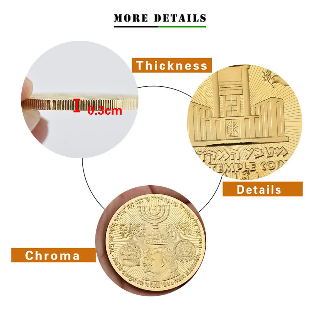 Israel 70th Anniversary Embossed Commemorative Metal Coin Round Double Golden Plated Coins Art Souvenir Gifts Crafts Ornament