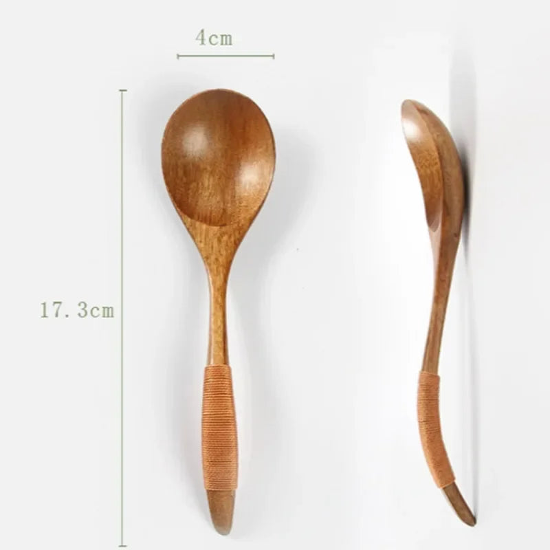 Wooden Spoon Set Japanese Style Long Handle Soup Spoon Wooden Tableware Restaurant Kitchen Tableware Accessories