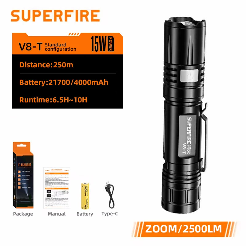 Premium 36W High Power LED Flashlight - Waterproof Tactical Torch with USB-C