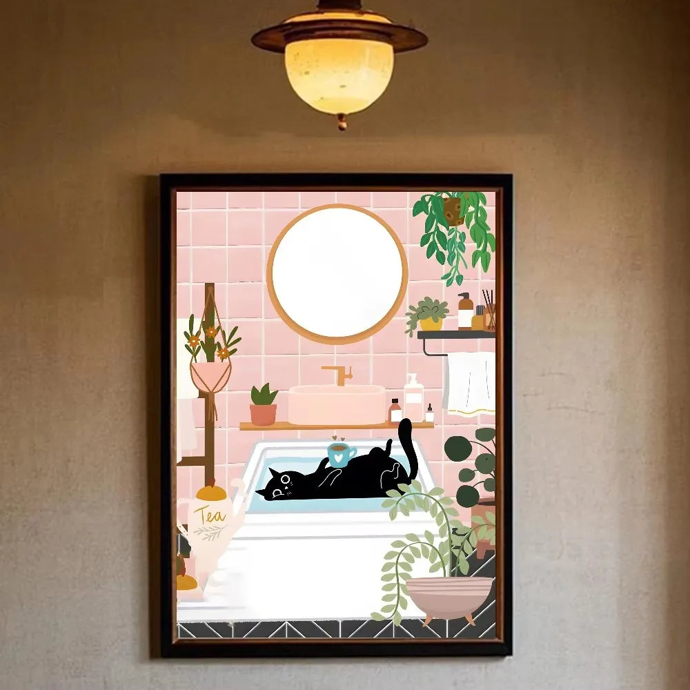 Funny Black Cat Reading Newspapers on The Toilet Canvas Print Green Pink Animal Wall Art Poster for Modern Bathroom Home Decor