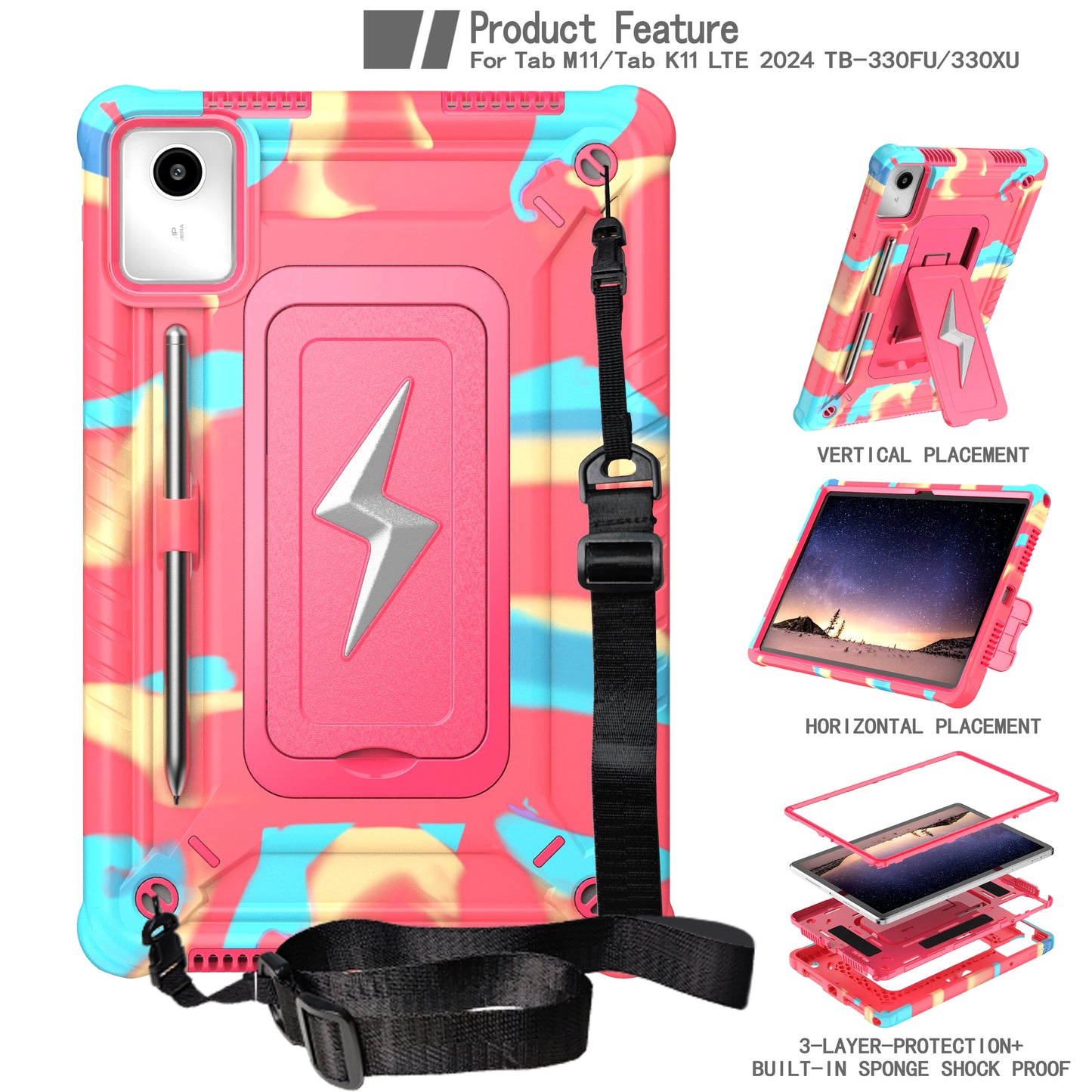 For Lenovo Tab M11 Xiaoxin Pad 2024 11" TB331FC 330FU Kids Shockproof Tablet Protector Case With Shoulder Strap and Kickstand