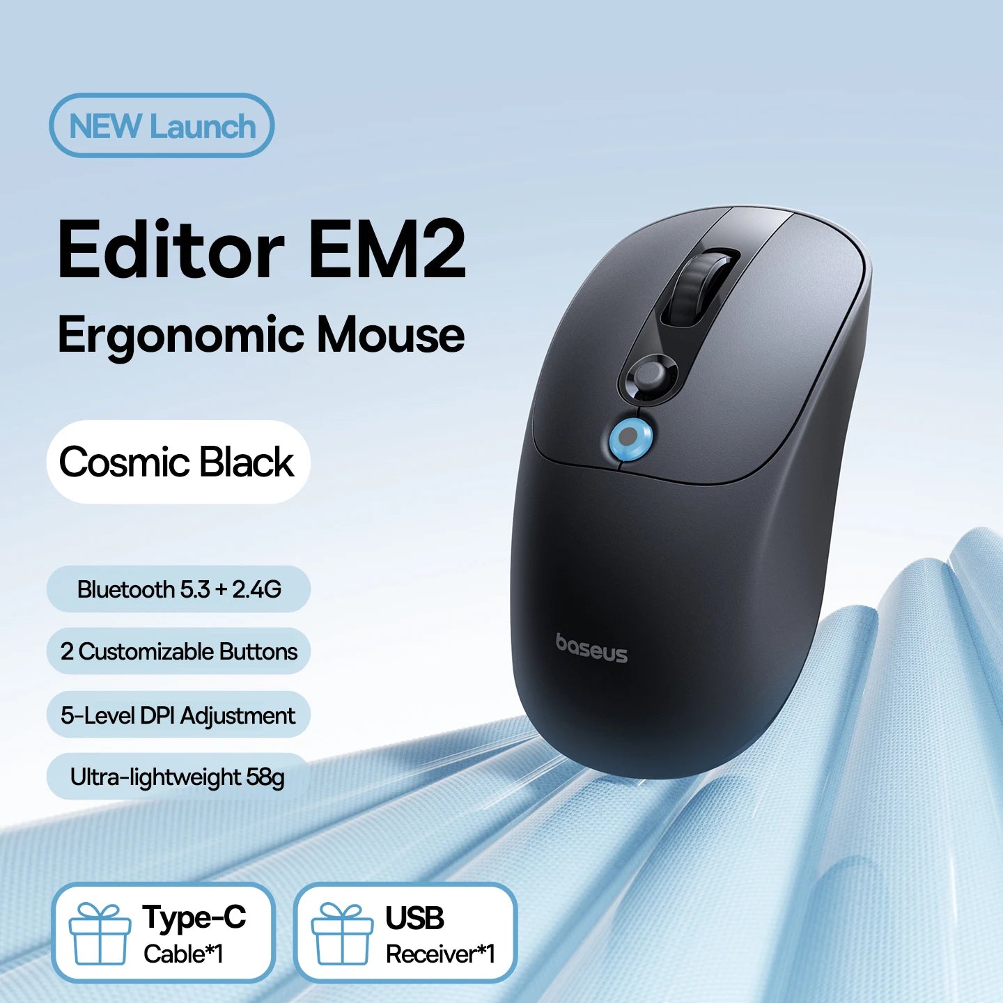 【NEW】Baseus EM2 Ergonomic Wireless Mouse Bluetooth 5.3 2.4G Type-C Charging Ultra Light Silent Mice Customizable Button Mouse