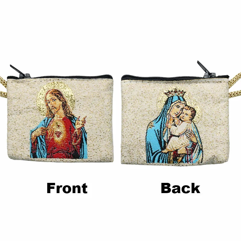 Gold Thread Embroidery Rosary Pouch Embroidered Catholic Image Icon Prayer Bag Religious Jewelry Storage Box 6.6x7.2cm