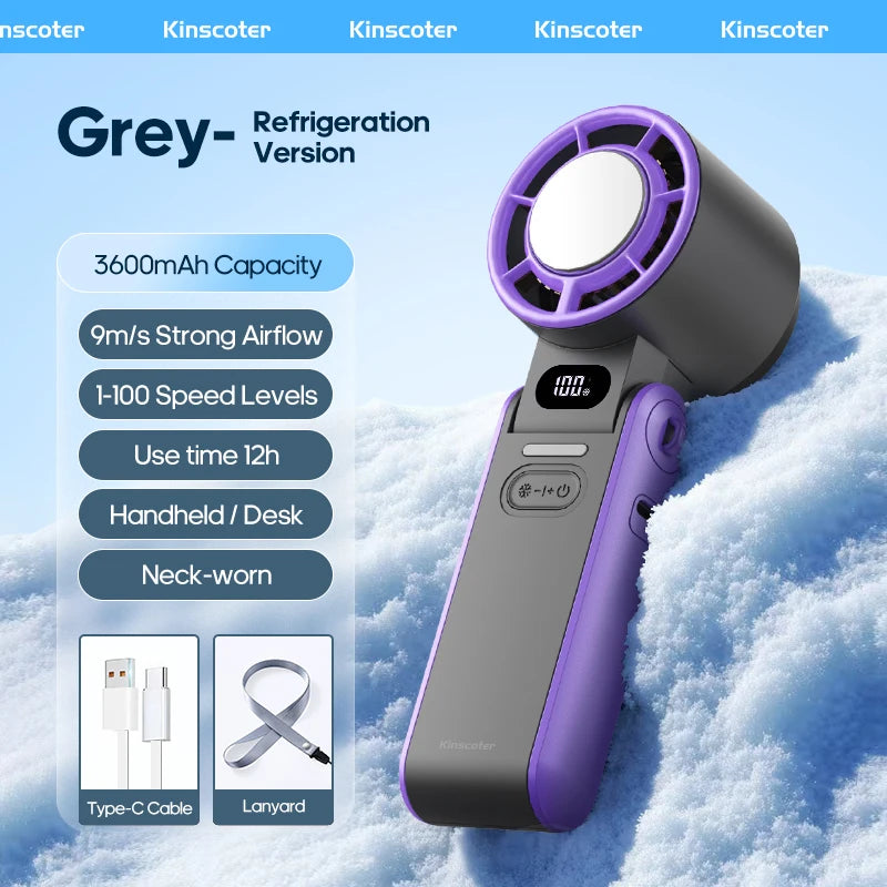 KINSCOTER Portable Air Cooling Turbo Fan 3600mAh 100 Wind Speeds Adjustable Outdoor Foldable Student Handheld Fan with Lanyard