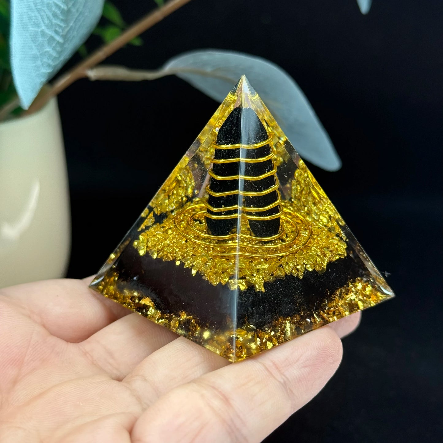 1pc Orgone Pyramid, The Obsidian Ogan Pyramid is handcrafted from resin, metal shavings and obsidian, Home Desktop Ornaments