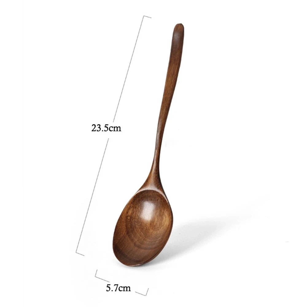 Natural Long Handle Wooden Spoon Japanese-Style Rice Scoop Mixing Soup Spoons Cooking Utensils Portable Tableware for Kicthen