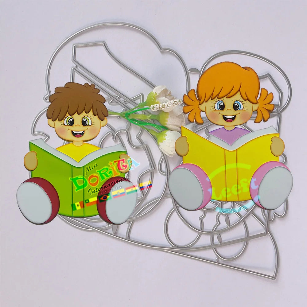 27cm Boy and Girl Reading Book Doll Metal Cutting Die Stencil Template for DIY Embossing Paper Gift Card Making Scrapbooking