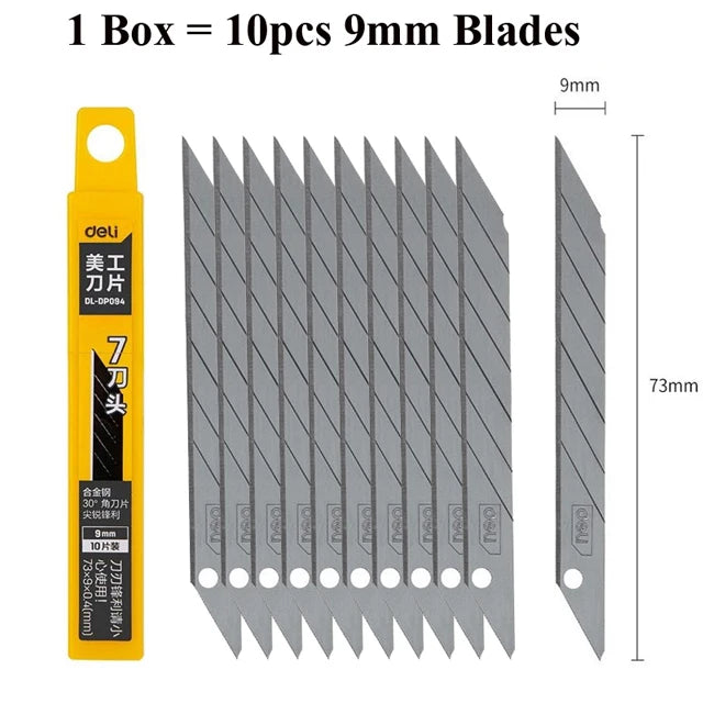 Deli Retractable Box Cutter 9mm 30 Degree Blade Utility Knife Carbon Steel Self-Locking Design Cutting Tools Wallpaper Carton