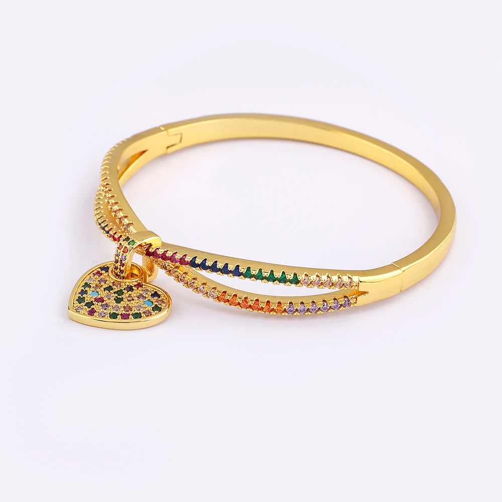Nidin New Fashion Elegant Gold Color Heart Pendant Bangle Jewelry Crystal Zircon Bracelets Lover Romantic Wedding Gift Wholesale