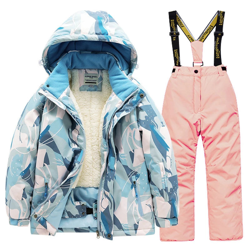 Children's skiing suit for boys and girls, thick, warm, waterproof, windproof outdoor skiing clothes and pants, all equipped