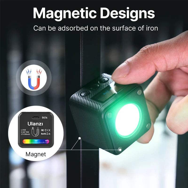 Ulanzi L2 RGB Mini COB Video Light - 360° Full Color Magnetic LED with Diffuser for DSLR Camera