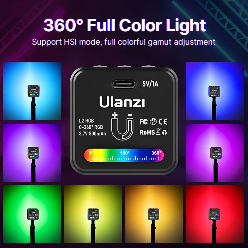 Ulanzi L2 RGB Mini COB Video Light - 360° Full Color Magnetic LED with Diffuser for DSLR Camera
