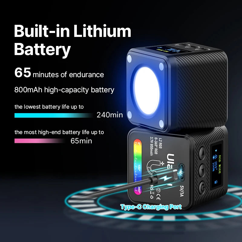 Ulanzi L2 RGB Mini COB Video Light - 360° Full Color Magnetic LED with Diffuser for DSLR Camera