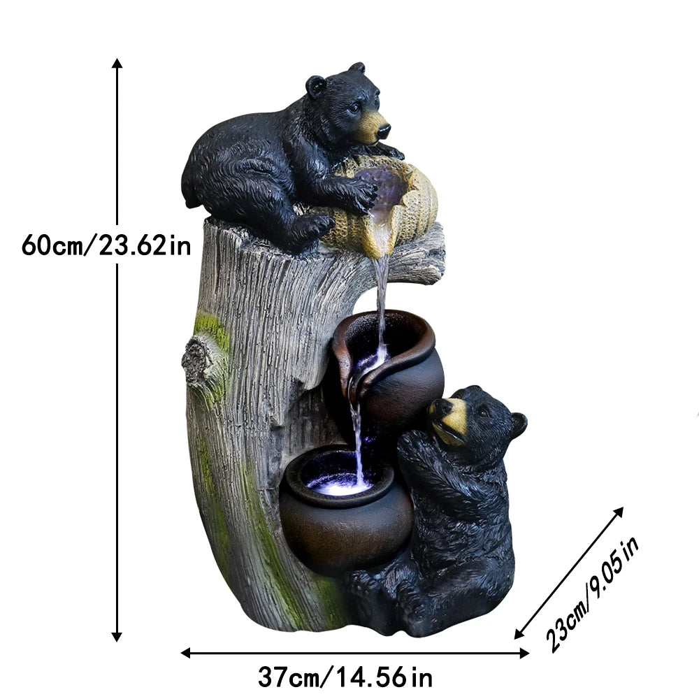 US in - Stock Resin Two - Black - Bear Themed Water Fountain with LED Lights- Ideal for Nature Lovers and Home Decor Enthusiasts