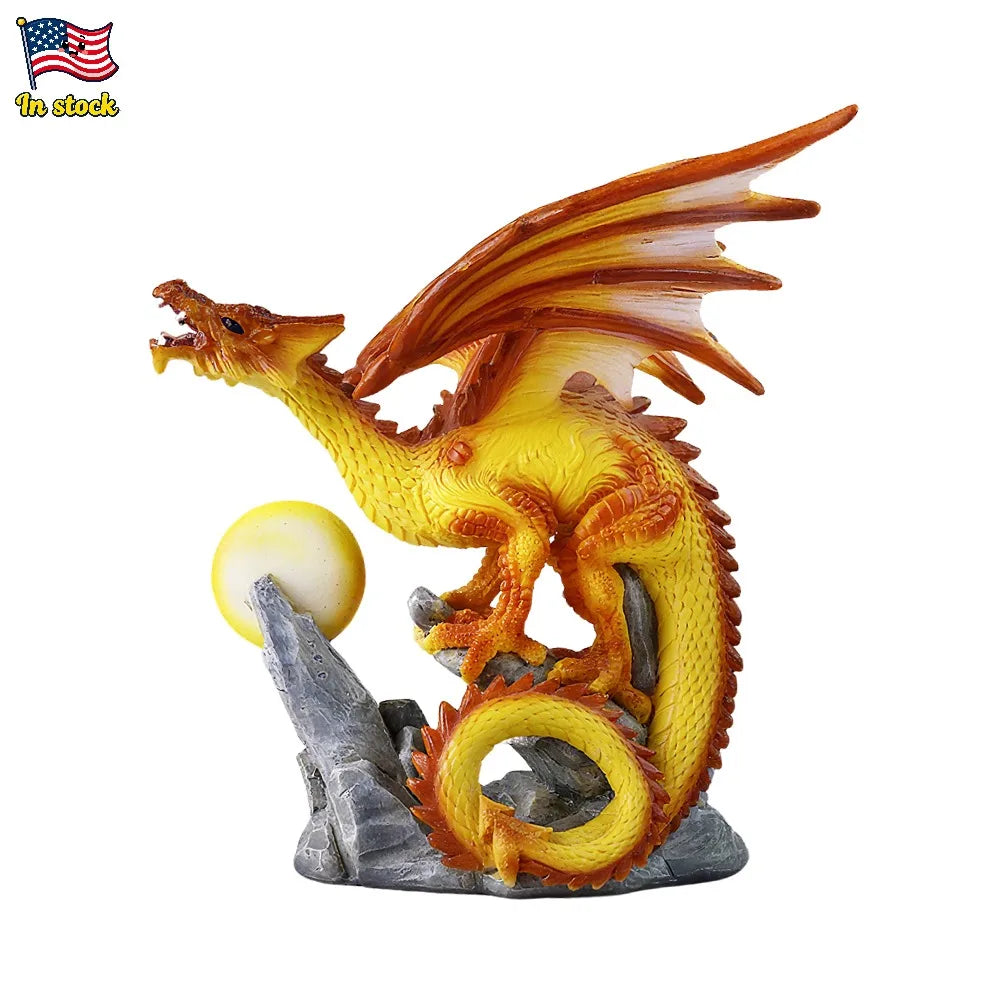 US Stock Fire Dragon with Flaming Ball Resin Figurine, Mythical Creature Home Decor