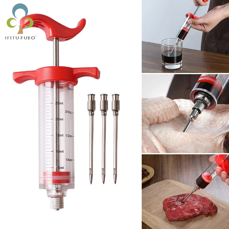 Professional BBQ Meat Injector Syringe with 3 Stainless Steel Needles
