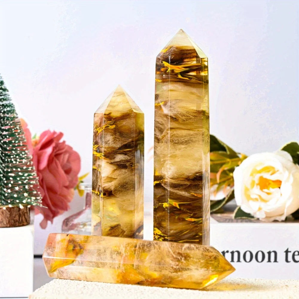 1 Pc High Quality Tiger Skin Smelting  Crystal Tower Single Column Hexagonal Craft  Point for Home Decor