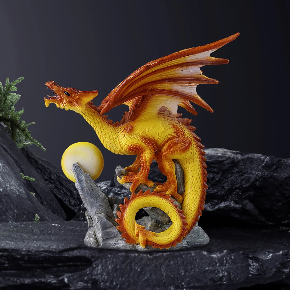 US Stock Fire Dragon with Flaming Ball Resin Figurine, Mythical Creature Home Decor