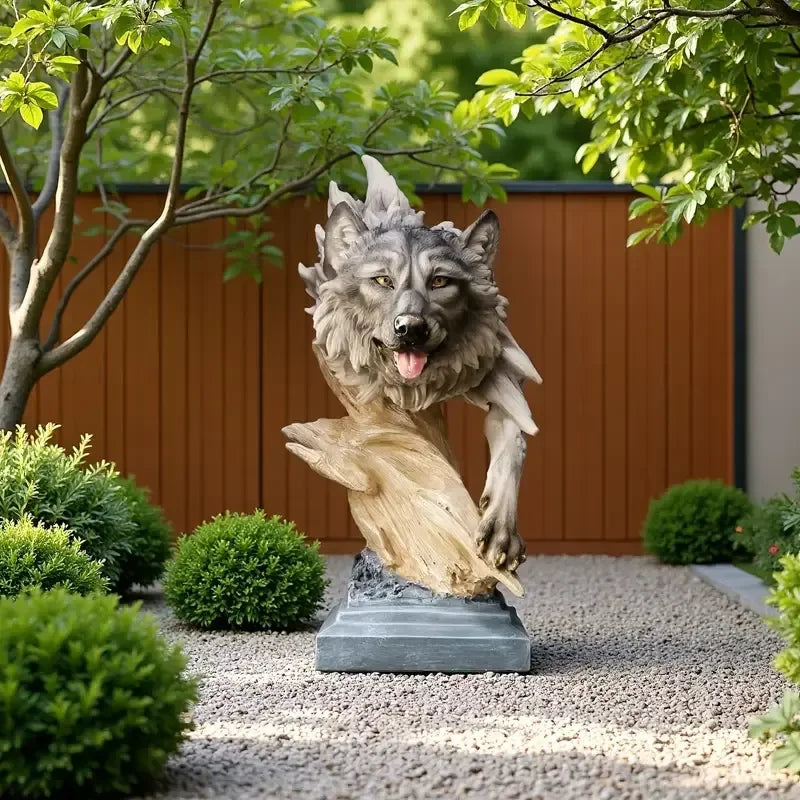 Wolf-Themed Hand-painted Resin Crafts Statue Artistic Decor Wood-Like Stone Base Detail Indoor Display Business Gift Art