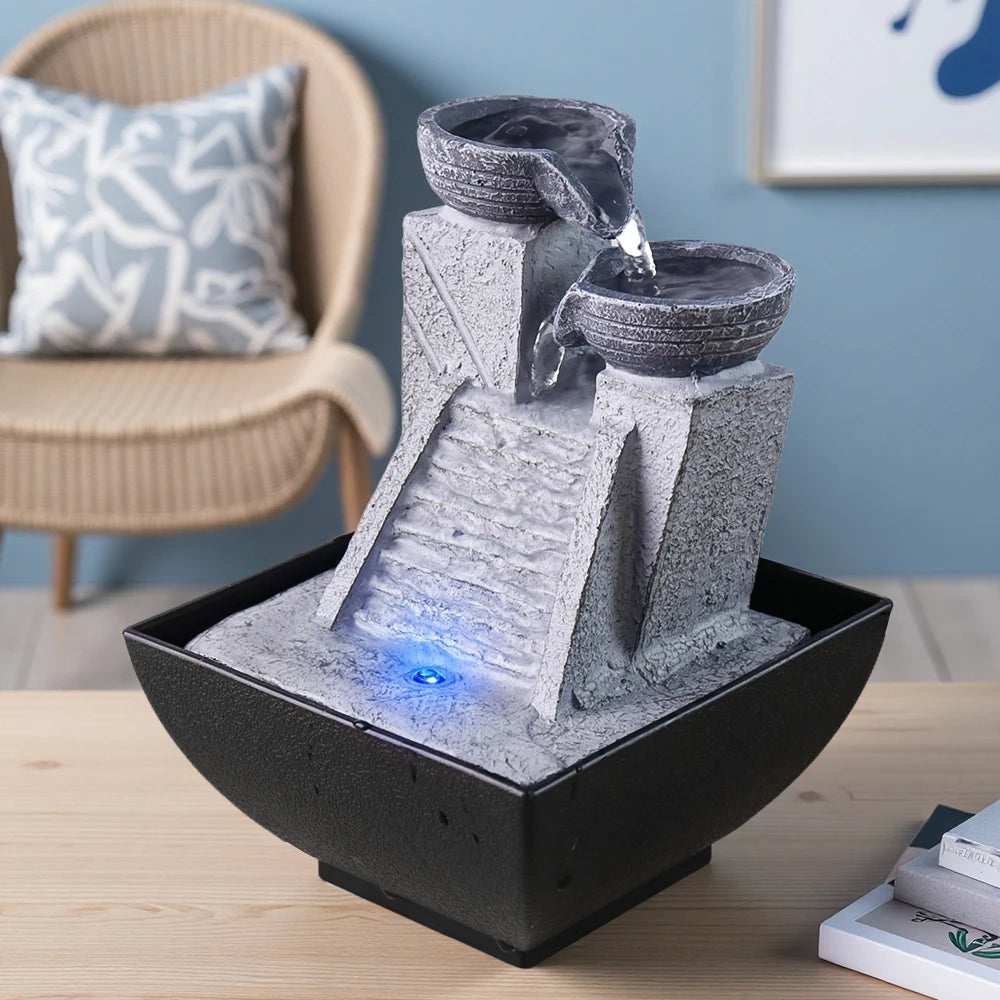 US Stock 18cm Resin Tabletop Fountain with Two - Jar and Stair Design, LED Light Included - Ideal for Home Decor Enthusiasts