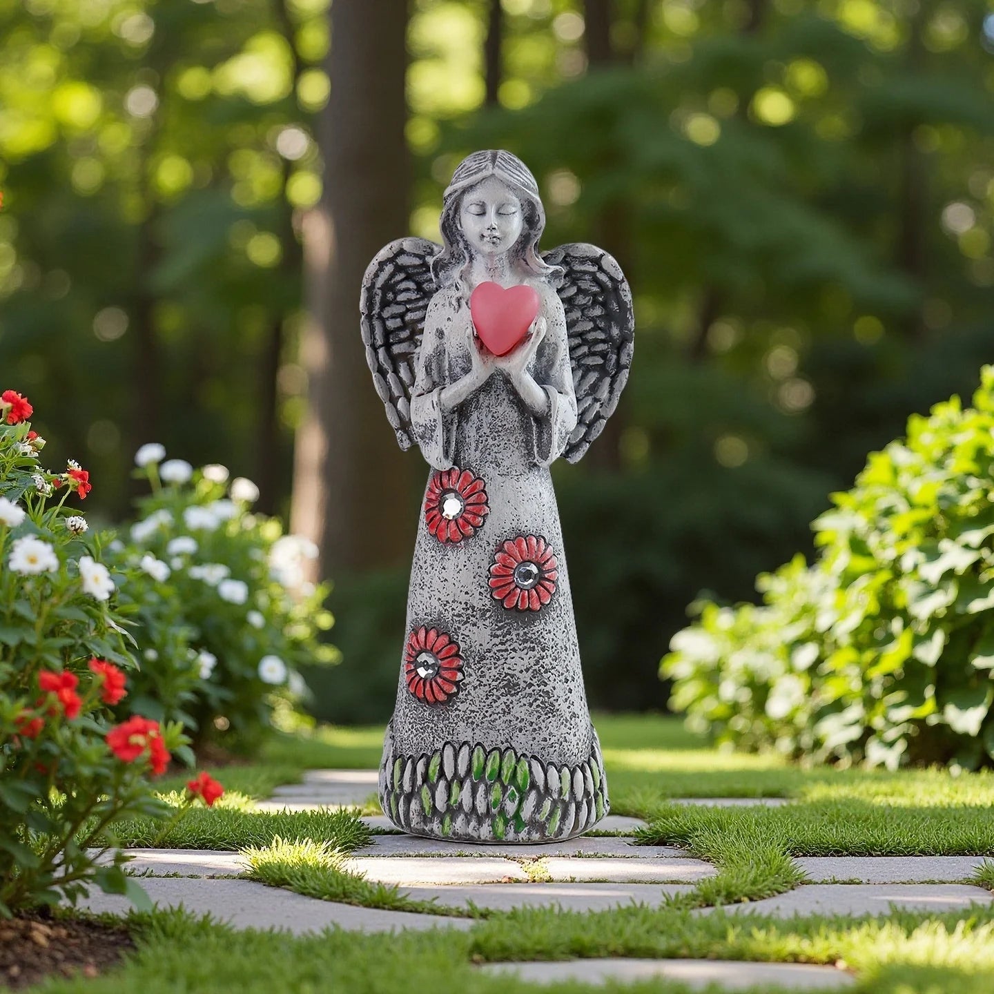 Solar-Powered Flower Angel Statue with Heart - Outdoor Garden & Home Decor, Perfect Halloween Gift