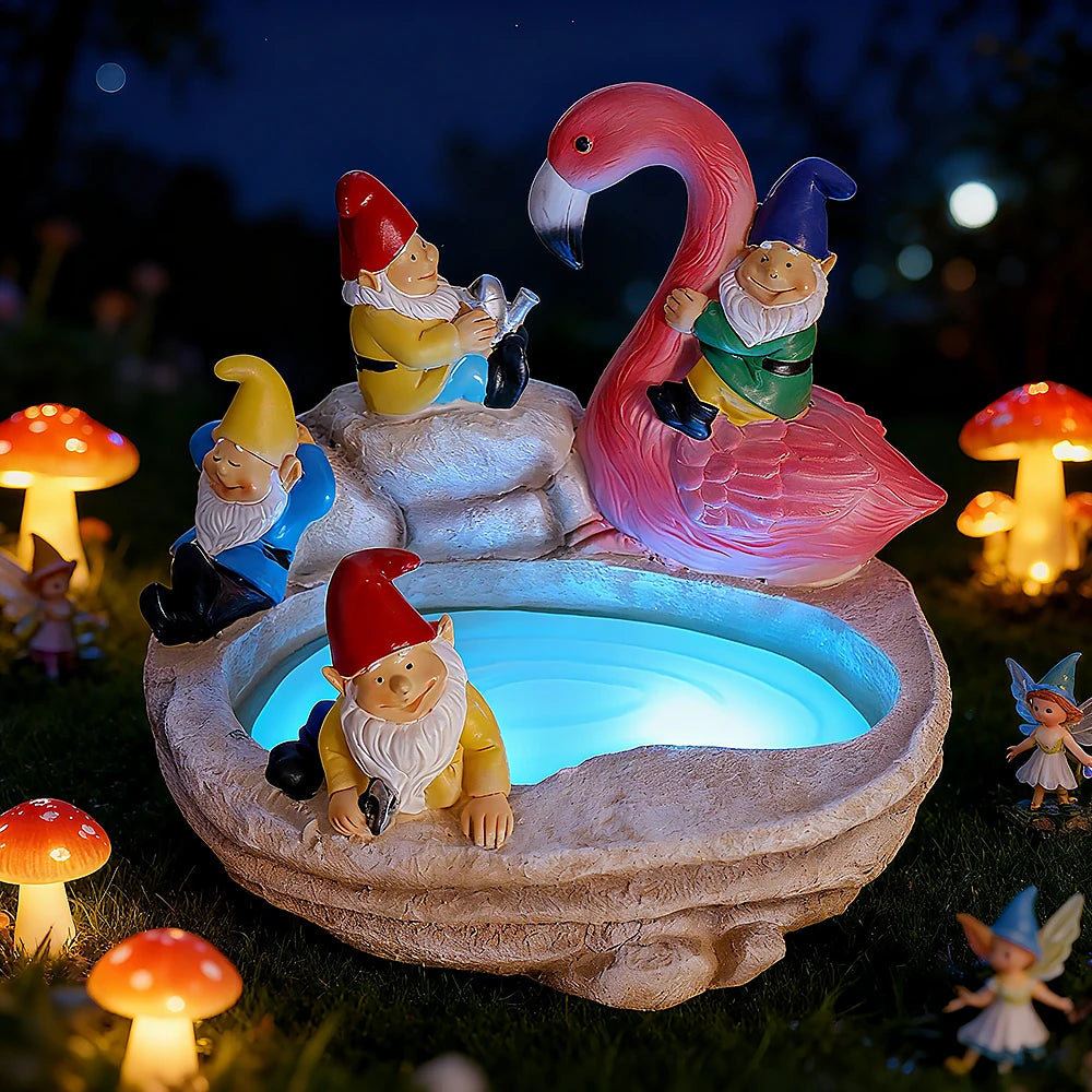 Solar-Powered Garden Gnomes and Flamingo Lantern Set with Mushroom Lights, 5 Colorful Dwarf Figurines Around a Pond