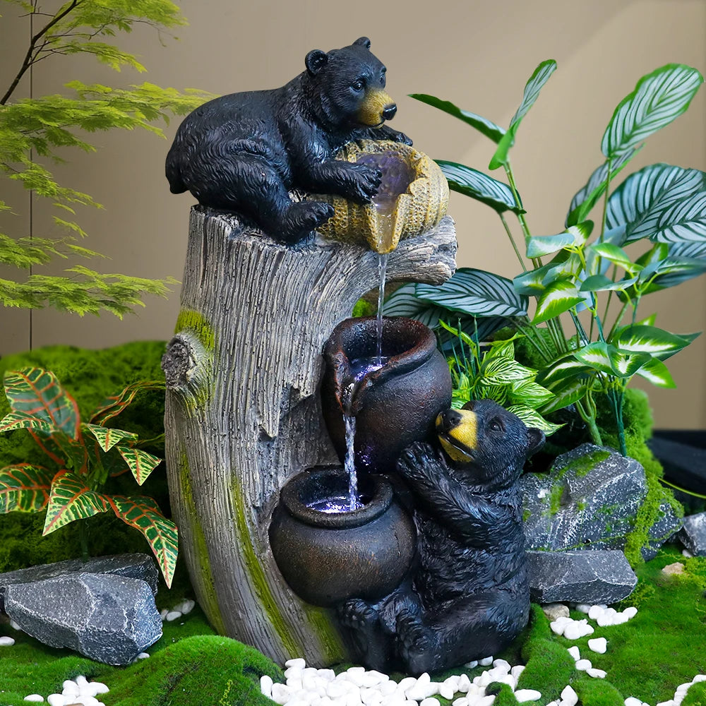 US in - Stock Resin Two - Black - Bear Themed Water Fountain with LED Lights- Ideal for Nature Lovers and Home Decor Enthusiasts