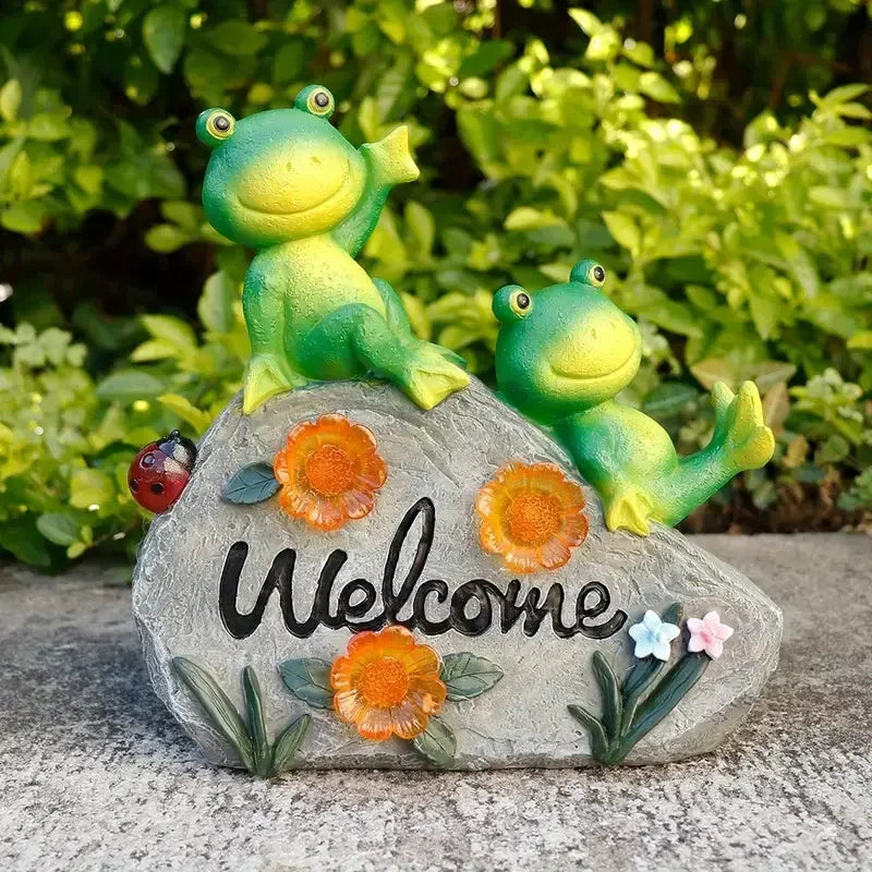 Frog-Themed Hand-painted Resin Statue Christmas Animal Artistic Decor Light Flower Welcome Sign Outdoor Garden Whimsical-Style