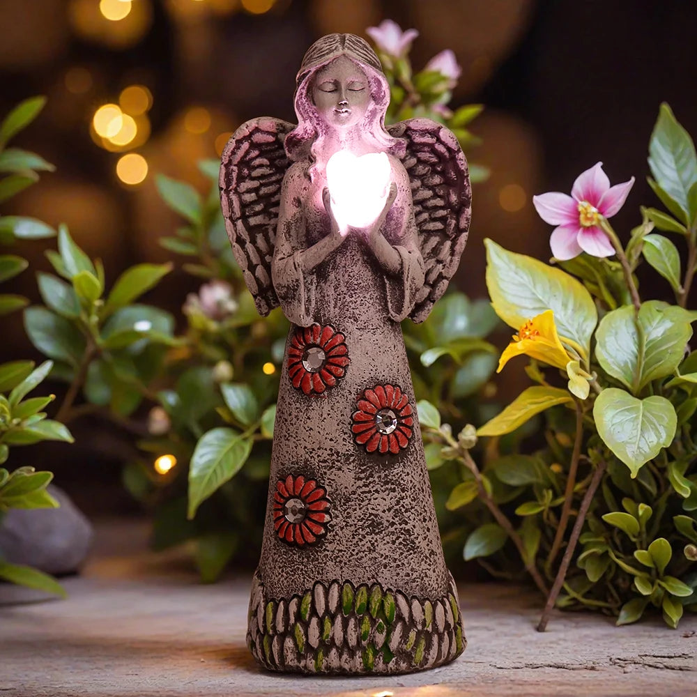 Solar-Powered Flower Angel Statue with Heart - Outdoor Garden & Home Decor, Perfect Halloween Gift