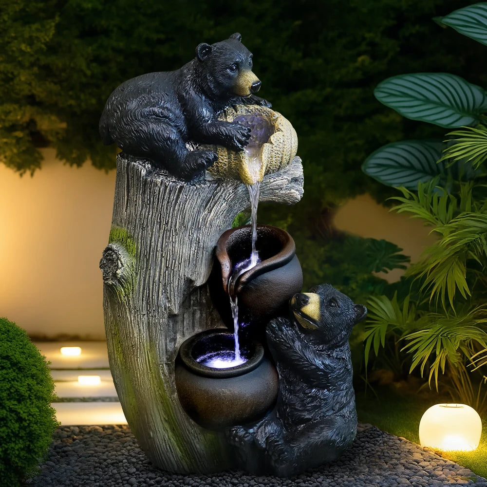 US in - Stock Resin Two - Black - Bear Themed Water Fountain with LED Lights- Ideal for Nature Lovers and Home Decor Enthusiasts