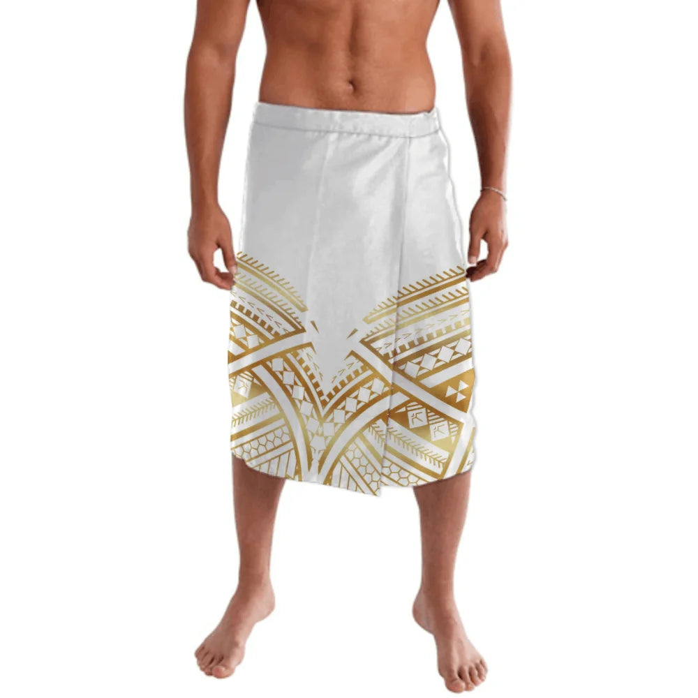 Print on Demand Custom Good Quality Golden Printed Lavalava Mens Skirt Samoan Traditional Clothes White Hawaii Sarongs for Men