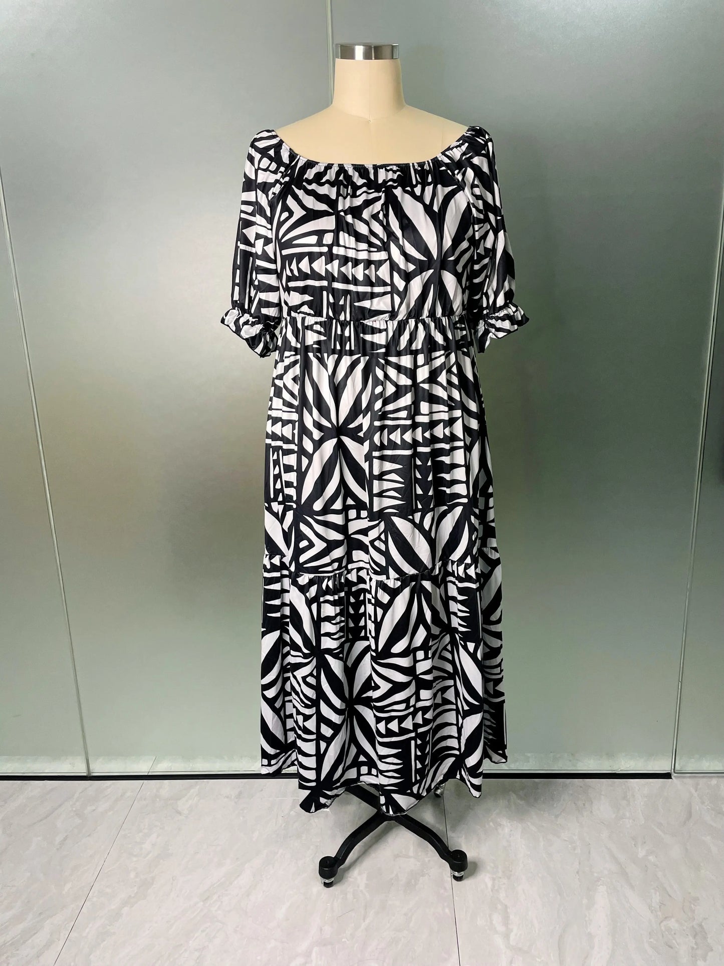 Best Price Wholesale Custom Hawaiian Tropical Flower Printing Multi Tiered Dresses Micronesia Puff Short Sleeve Ladies Dresses