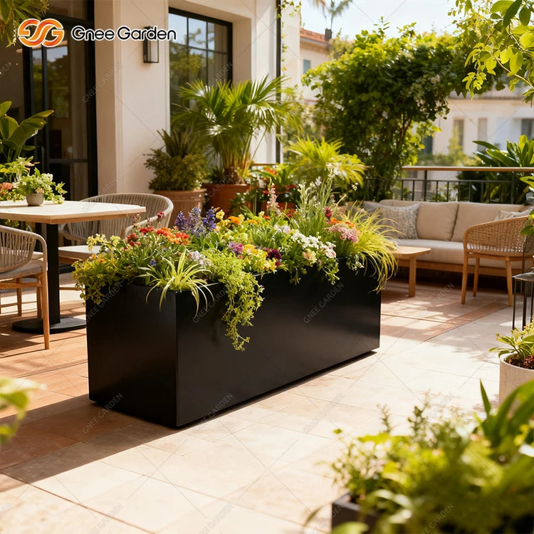 Luxury Small Black Galvanized Steel Planters Home Decor Floor Stand Square Garden Pots