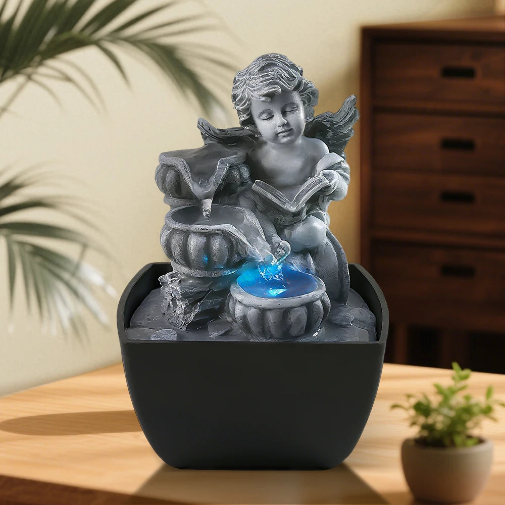 Cherub Fairy-Themed Gray Resin Water Fountain Hand-painted Decorative Art Statue LED Light Feng Shui Indoor Home Decor Model