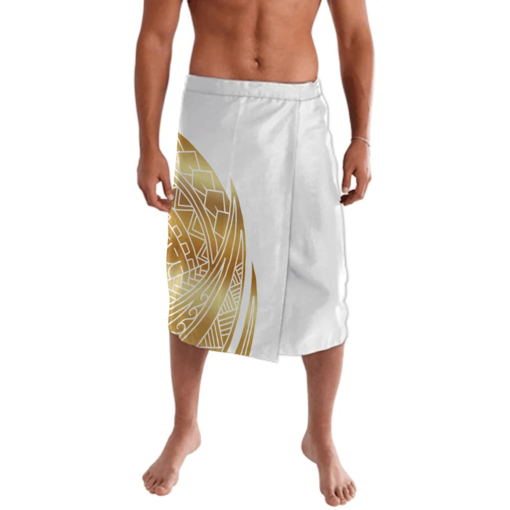 Print on Demand Custom Good Quality Golden Printed Lavalava Mens Skirt Samoan Traditional Clothes White Hawaii Sarongs for Men