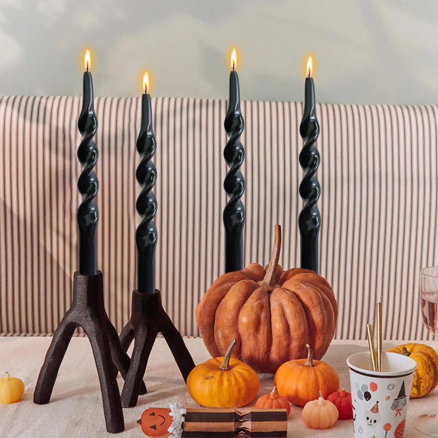 Halloween Taper Candle Black Candles - 4 PCS Spiral Candles Unscented Twisted Candlesticks 10 Inch for Dinner Wedding Home Decor