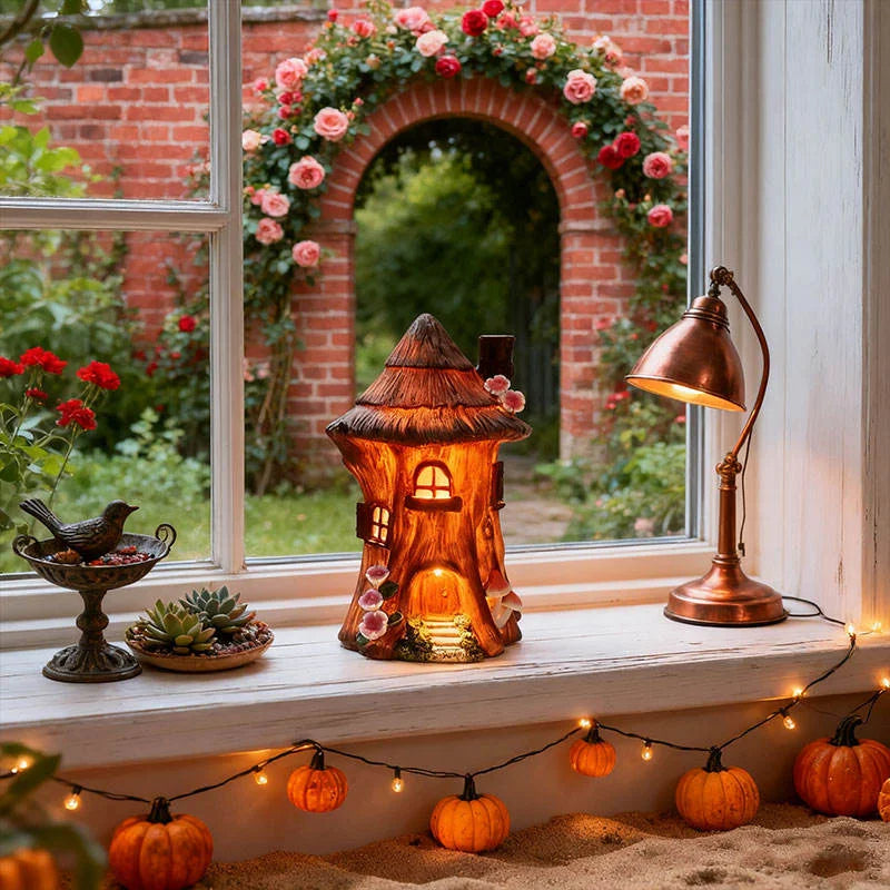 Fairy House-Themed Resin Crafts Statue Artistic Decor Hand-painted Light Flower Detail Indoor Window Sill Fantasy-Style Model