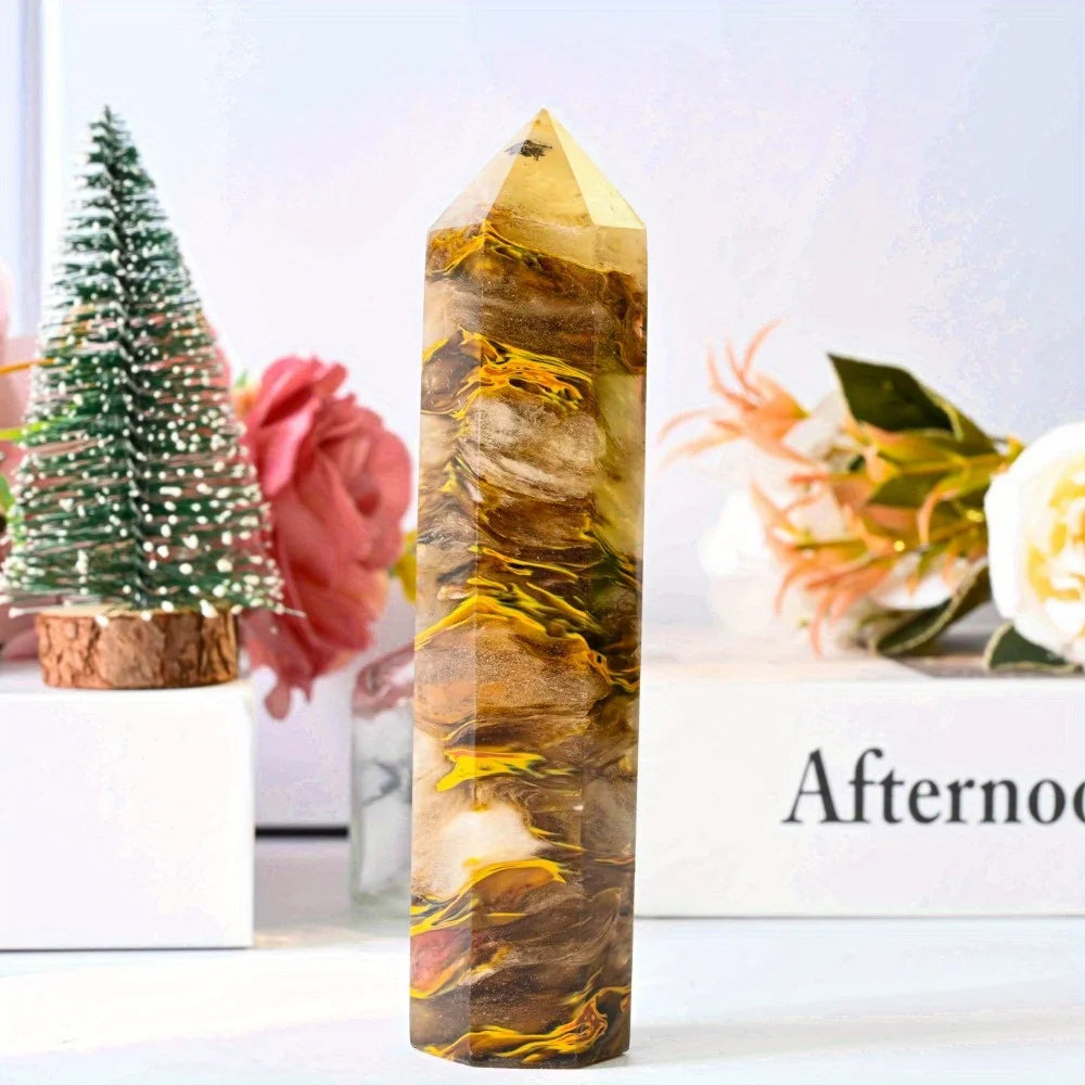 1 Pc High Quality Tiger Skin Smelting  Crystal Tower Single Column Hexagonal Craft  Point for Home Decor