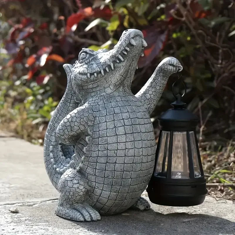 Detailed Resin Crocodile Statue with Lantern Painted Animal Sculpture for Garden & Outdoor Home Decor Art Theme Gift