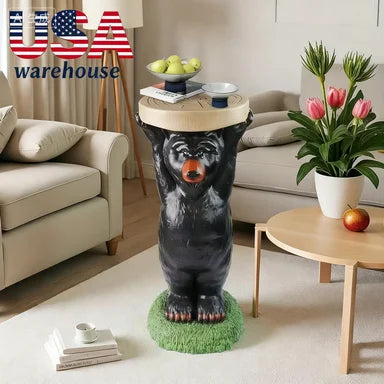 Realistic Resin Black Bear Side Table | Decorative Bear Accent Table - Indoor or Outdoor Patio Sculpture for Home Decor