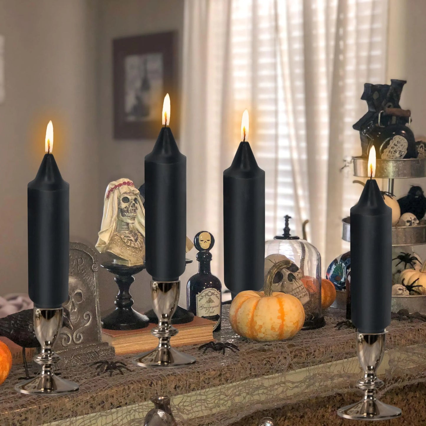 Black Short Taper Candle 5 Inch Halloween Candlesticks Unscented Drippless Candle Set for Home Decor Dinner Candles, 4 Pack
