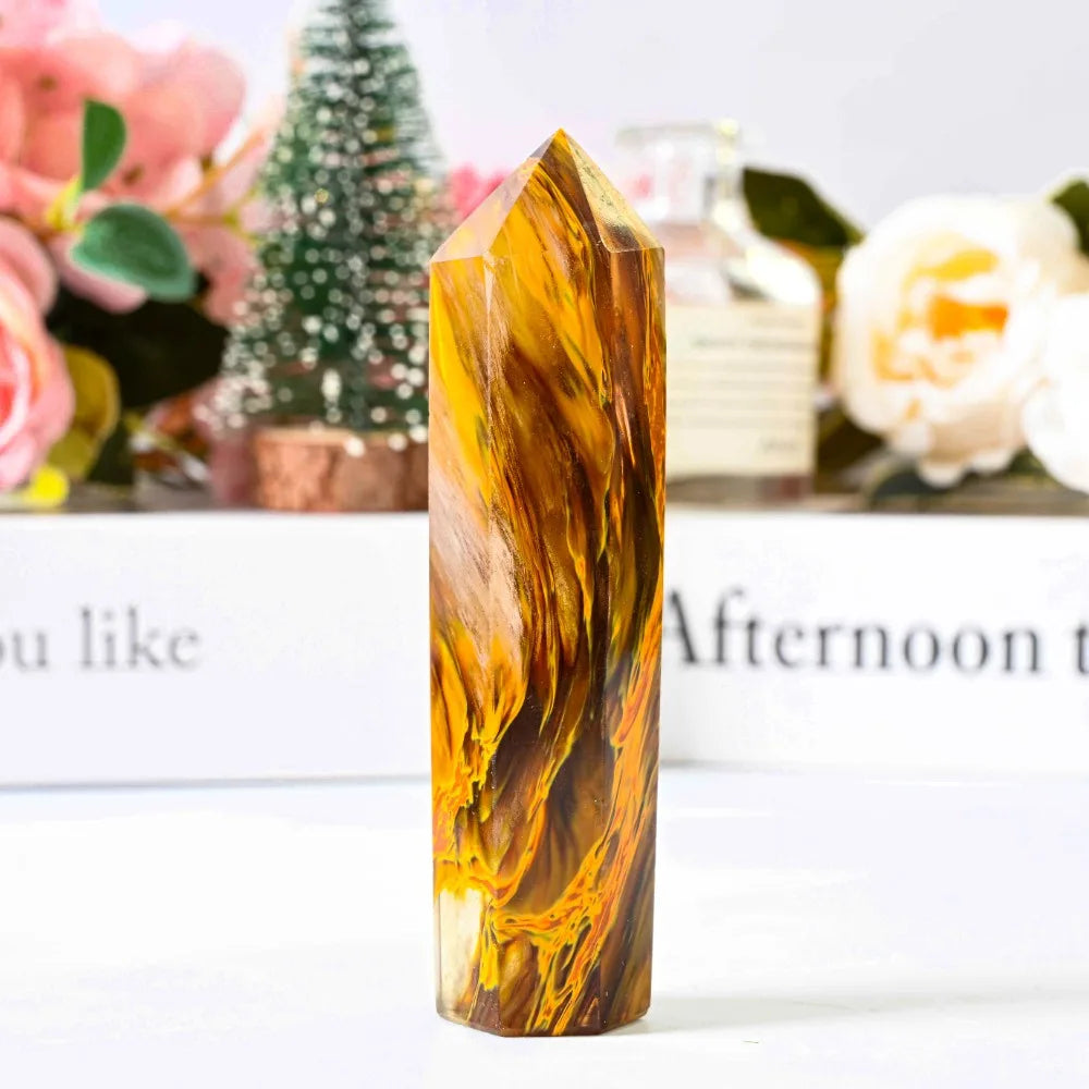 1 Pc High Quality Tiger Skin Smelting  Crystal Tower Single Column Hexagonal Craft  Point for Home Decor