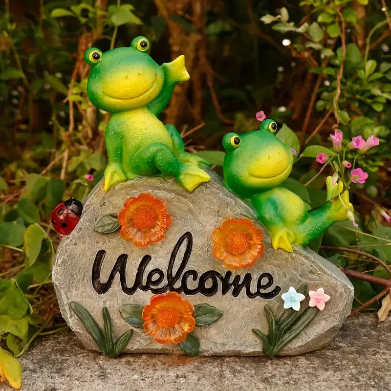 Frog-Themed Hand-painted Resin Statue Christmas Animal Artistic Decor Light Flower Welcome Sign Outdoor Garden Whimsical-Style