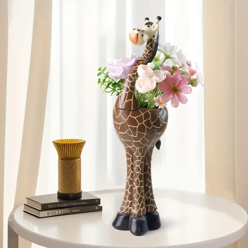 Cute Giraffe Shaped Resin Flower Vase White Flowers Nordic Style Hand-painted Animal Planter Christmas Home Decor for Desktop