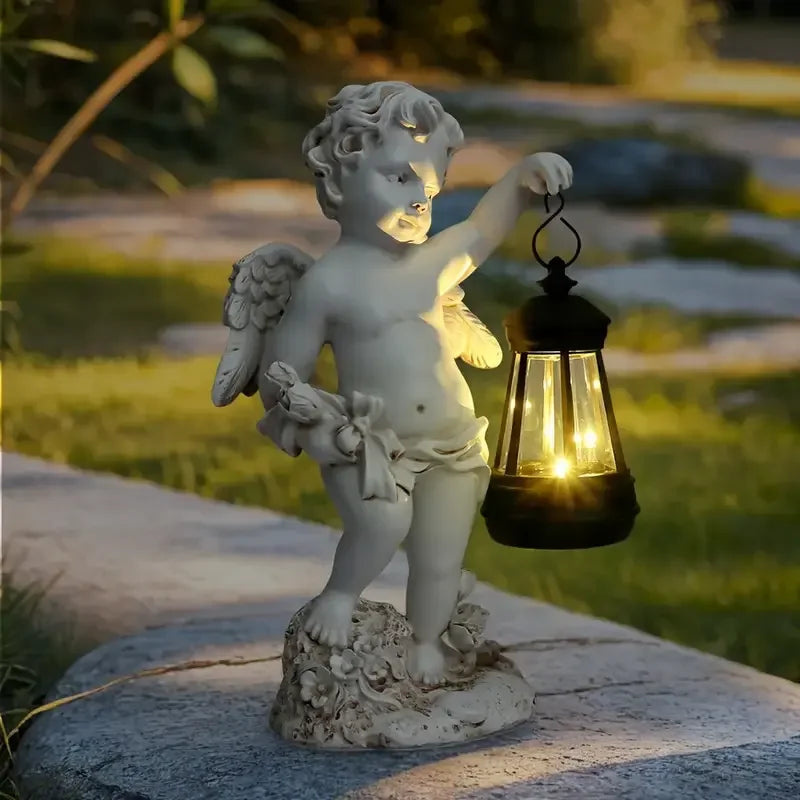 Cherub-Themed Resin Figurine Statue Hand-painted Artistic Decor Lantern Detail for Outdoor Garden European-Style Business Gift