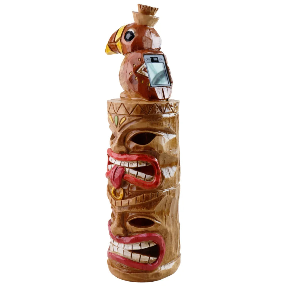 Solar-Powered Toucan Totem Pole Light with Glowing Face Carvings, Tropical-Themed Night Illumination with Bird Perched on Top